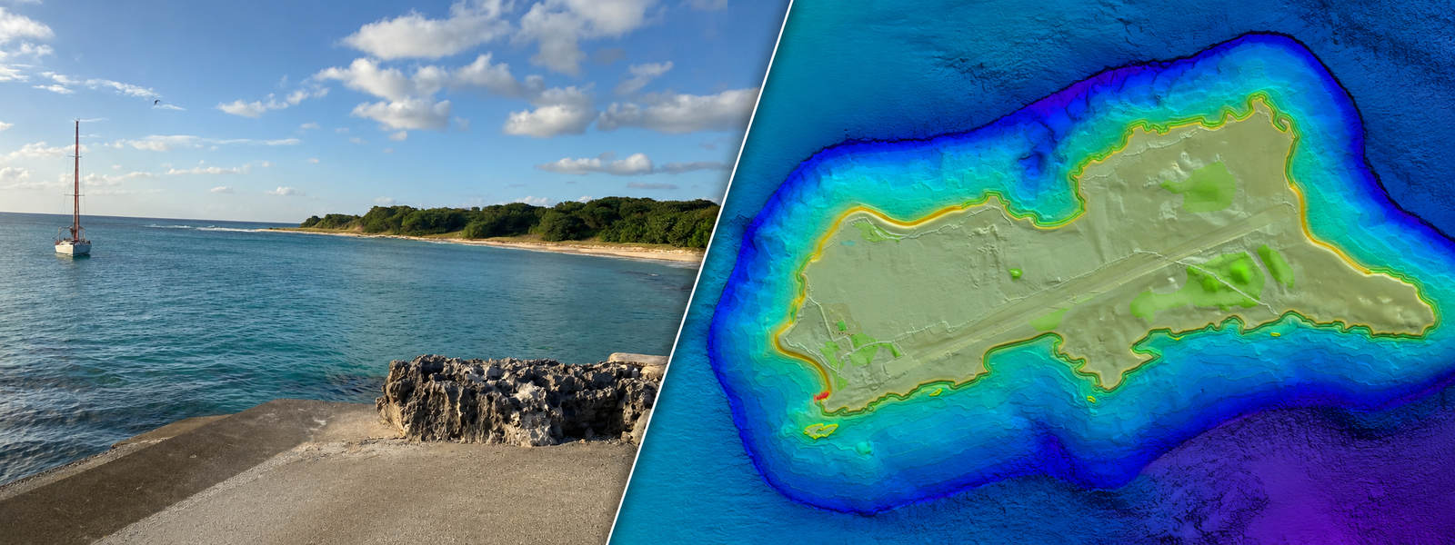 Tropical coastal field site and colorized bathymetric island model