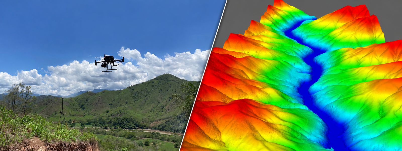Drone over mountain valley and colorized 3D terrain model — reservoir workflow